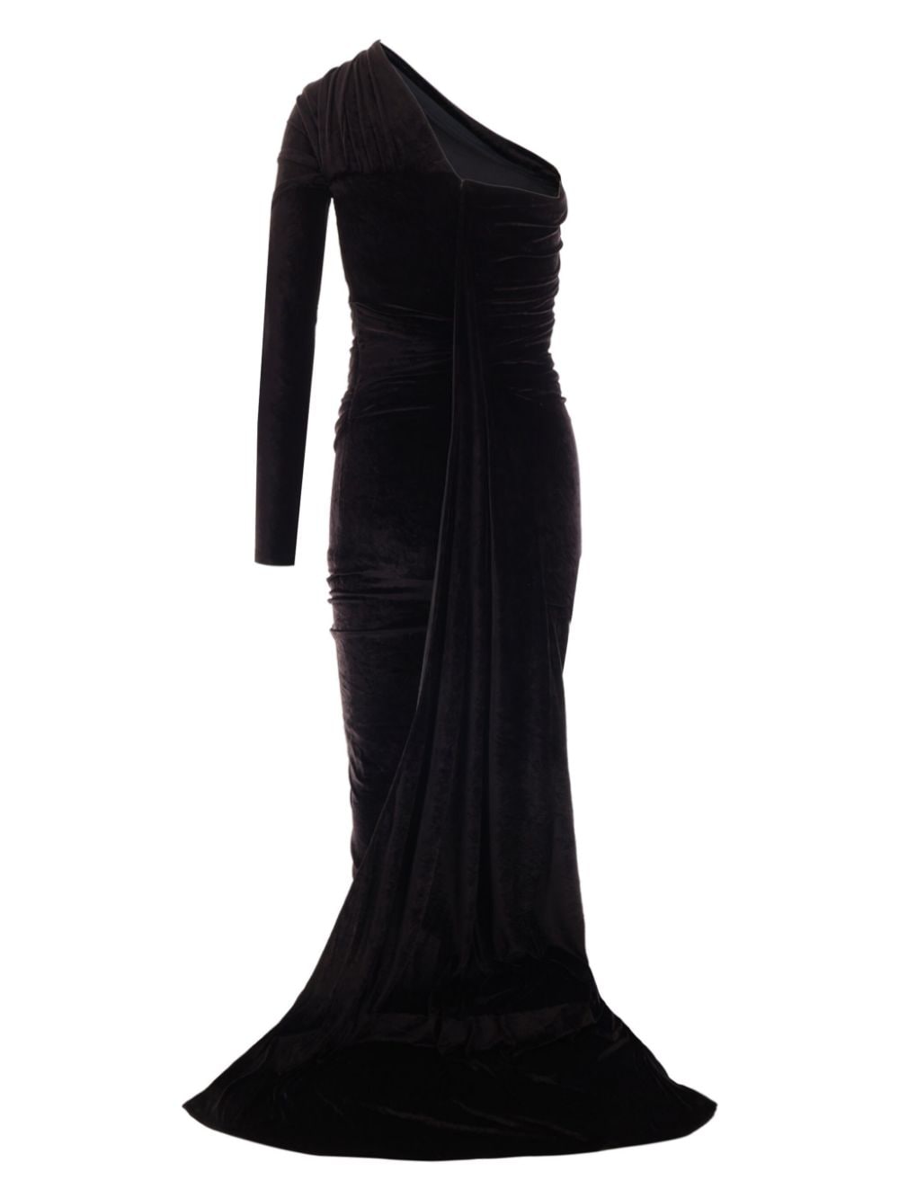 Black one-shoulder evening gown on a white background