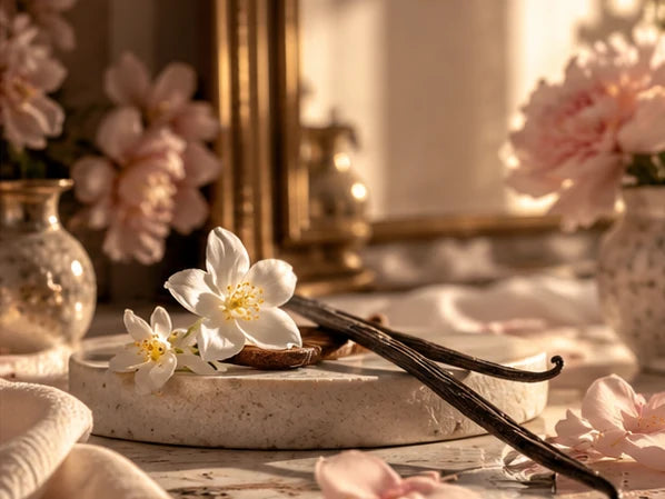 Floral and Gourmand editorial: delicate white and pink blossoms and warm vanilla pods on pale marble