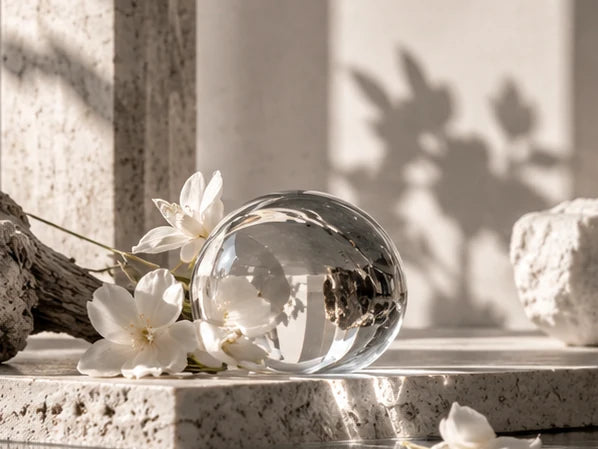 Not a Perfume minimalist editorial: transparent crystal sphere, white blossoms, pale stone and quiet daylight