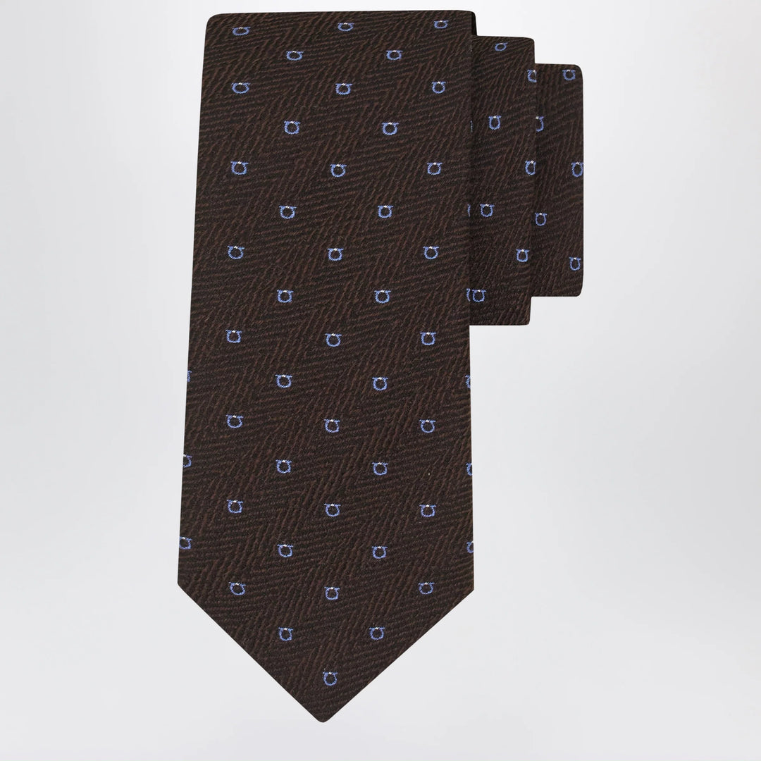 Ferragamo - Brown/Light Blue Gancini Chevron Tie
