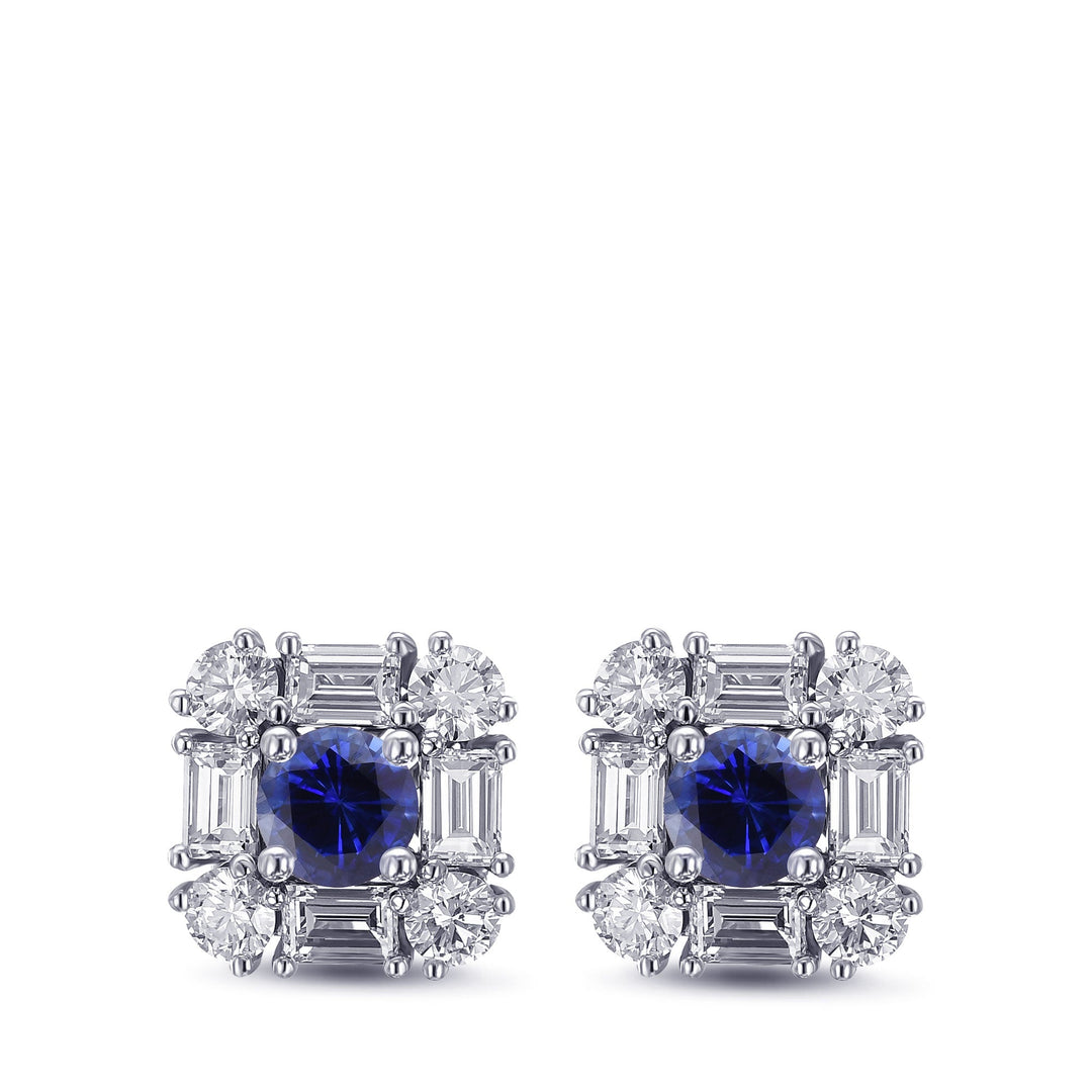 Blue Round Sapphire &amp; Diamond Halo Stud Earrings