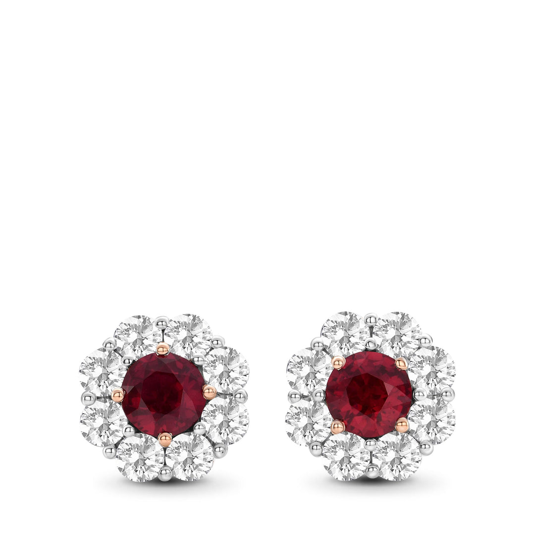 Mozambique Pigeon Blood Ruby &amp; Diamond Floral Halo Earrings