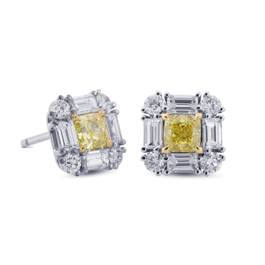 Leibish Extraordinary Cushion Fancy Intense Yellow Diamond Halo Stud Earrings