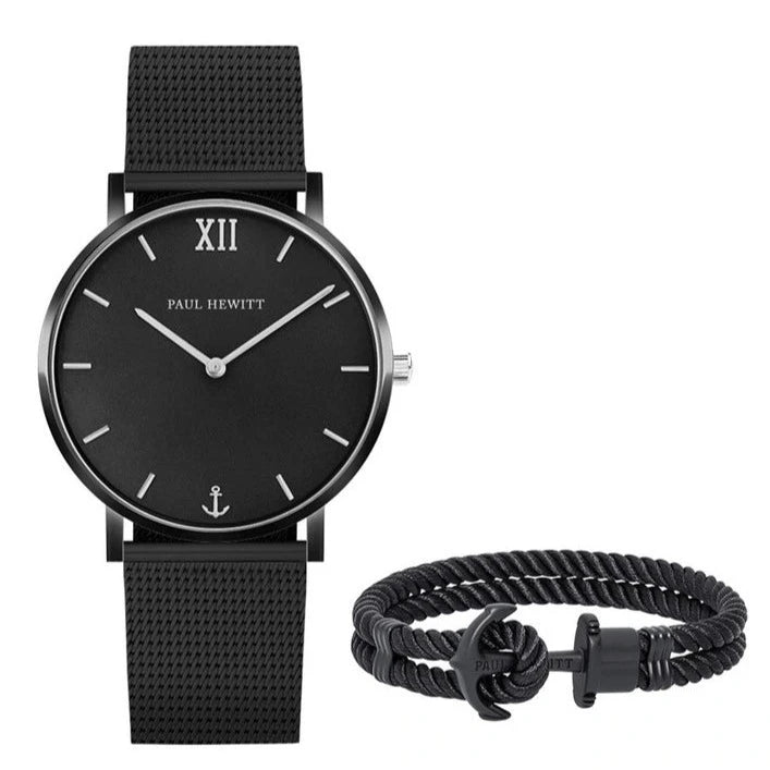 Paul Hewitt Sailor Perfect Match Gift Set 39mm Black Sunray Sailor Luxury Watch and Black Phrep Bracelet