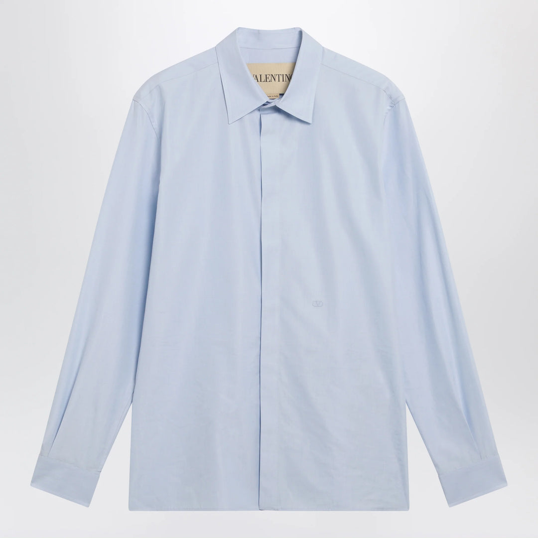 Valentino - Light blue fil-à-fil cotton shirt with VLogo embroidery