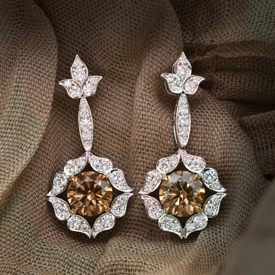 18K White and Rose Gold Fancy Brown Drop Halo Earrings