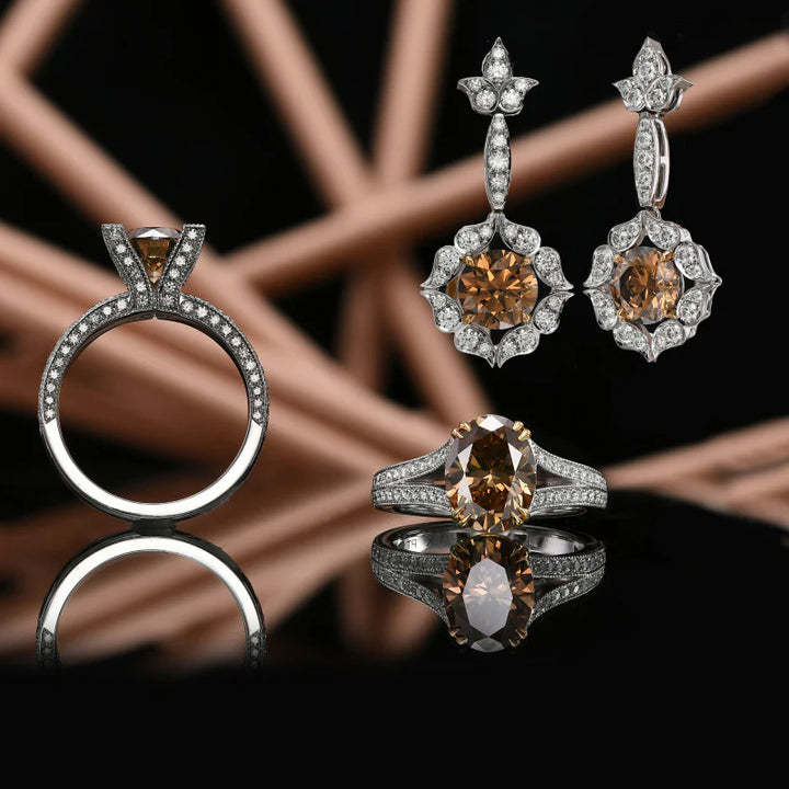 18K White and Rose Gold Fancy Brown Drop Halo Earrings