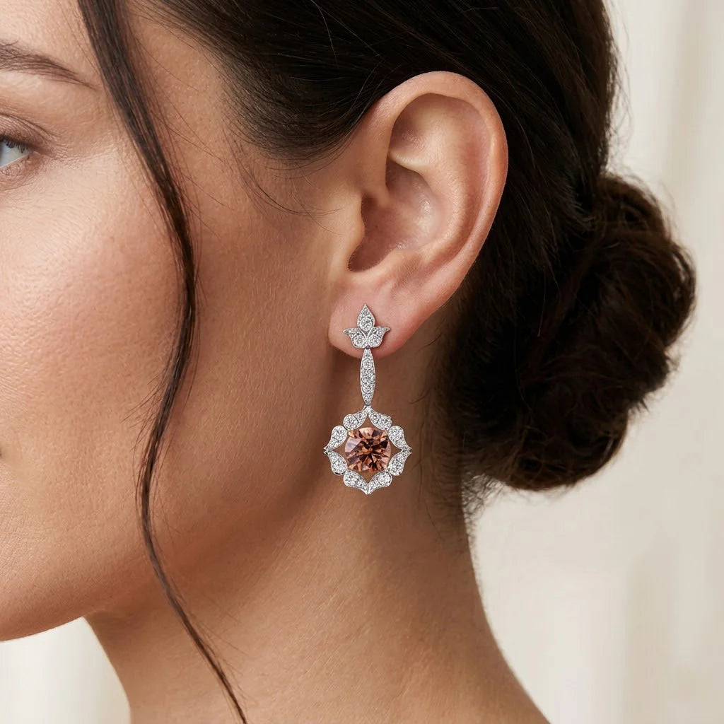18K White and Rose Gold Fancy Brown Drop Halo Earrings
