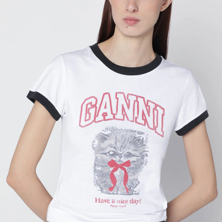 GANNI - White cropped T-shirt with logo print
