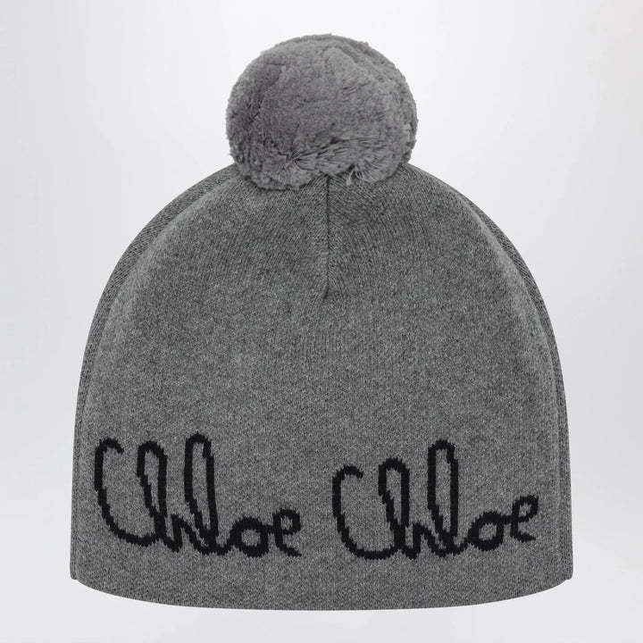 Chloé - Grey pom-pom beanie with logo