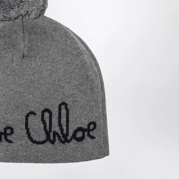 Chloé - Grey pom-pom beanie with logo