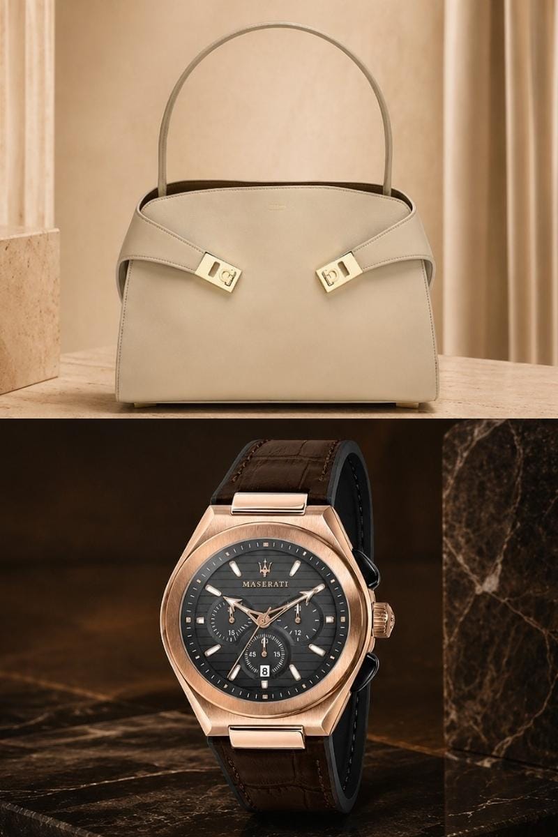Beige handbag and Maserati watch on a marble surface with a neutral background
