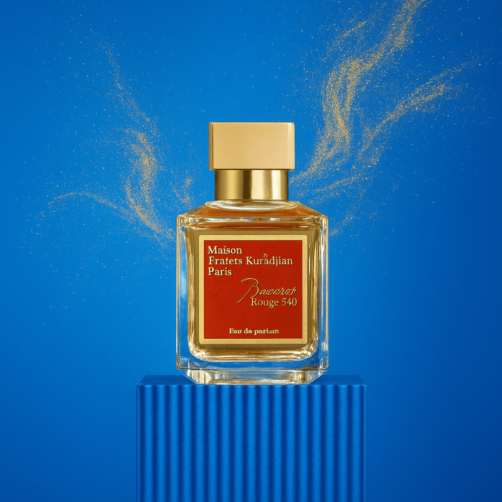 Perfume bottle with gold cap and red label on a blue pedestal against a blue background