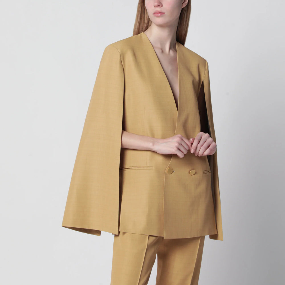 Alberta Ferretti - Beige ochre double-breasted silk jacket Brand Apparel & Accessories > Clothing > Outerwear > Coats & Jackets