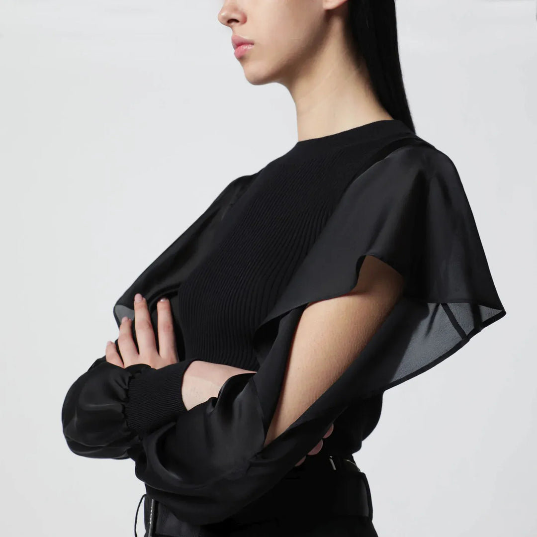 Sacai - Black knit top with semi-sheer sleeves Brand Apparel &amp; Accessories > Clothing > Shirts &amp; Tops 1