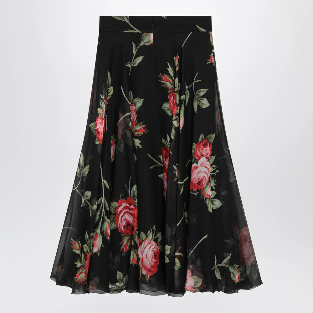 Dolce&Gabbana - Chiffon circle skirt with bouquet rose print, black Brand Apparel & Accessories > Clothing > Skirts 40  IT