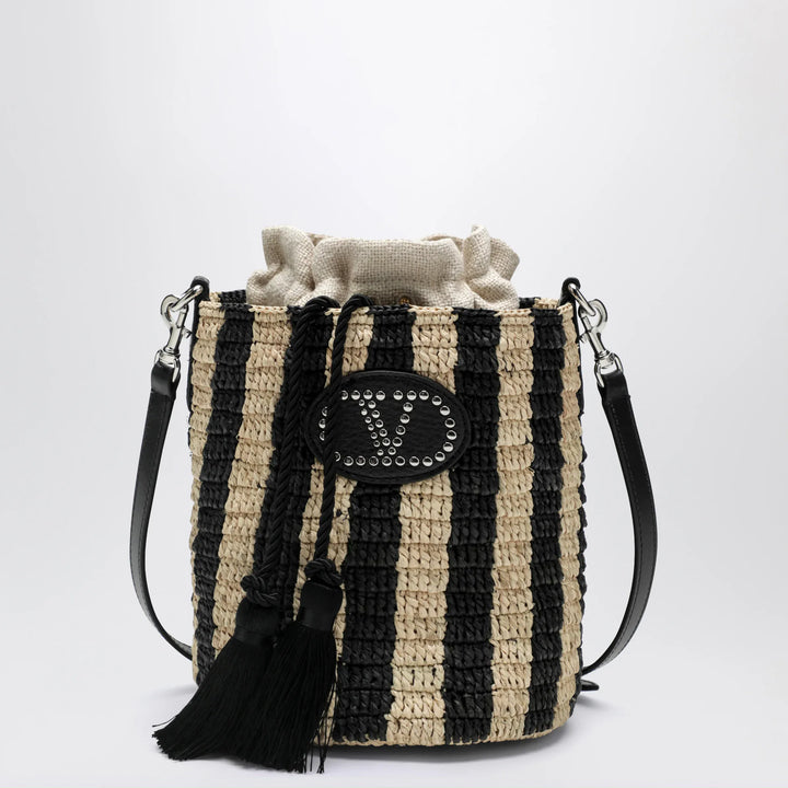Valentino Garavani - Small bucket bag in raffia with beige and black stripes Brand Apparel &amp; Accessories TU