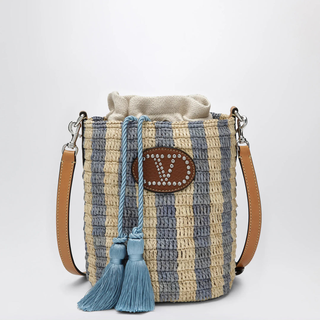 Valentino Garavani - Small bucket bag in raffia with beige and light blue stripes Brand Apparel & Accessories TU