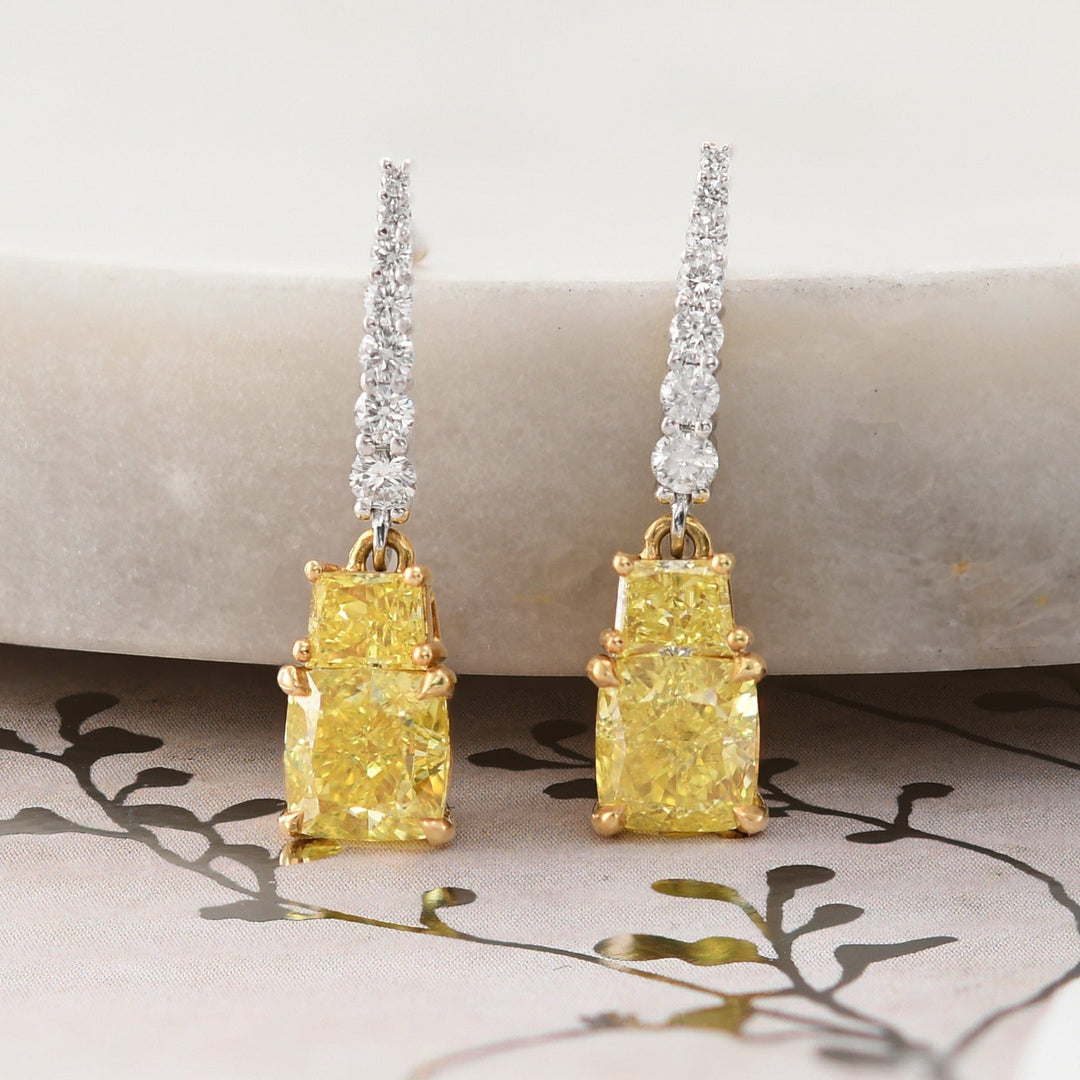LEIBISH 2.56ct Fancy Yellow Cushion &amp; Taper Diamond Drop Earrings Brand Earrings