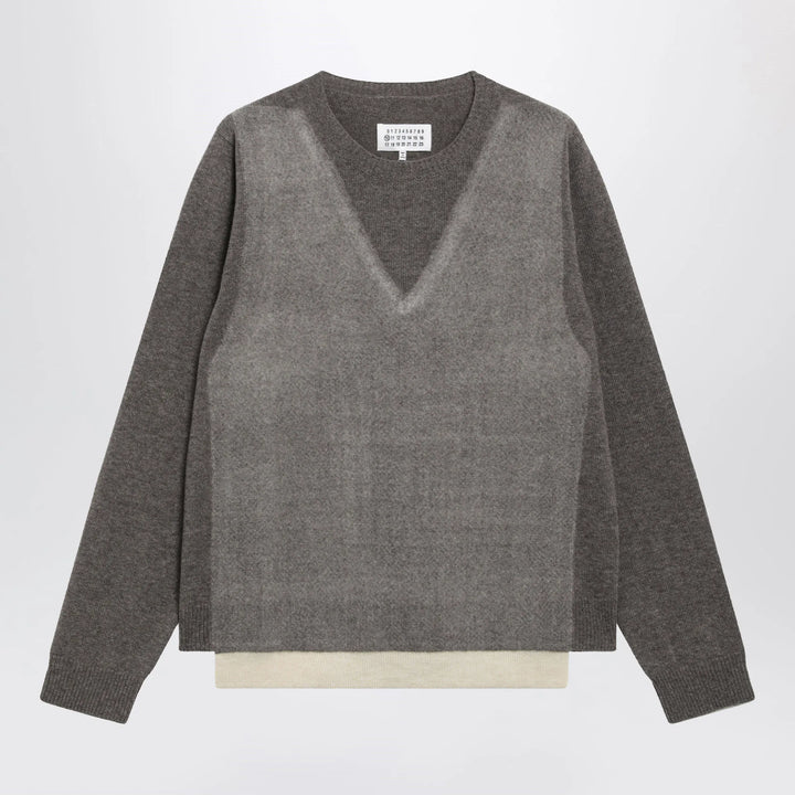 Maison Margiela - Crewneck lambswool sweater in mud and ecru Brand S