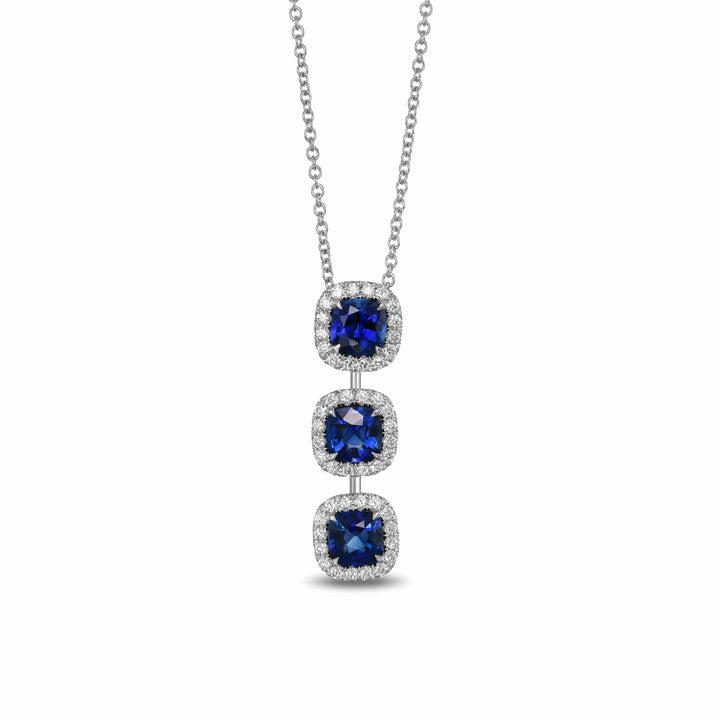 LEIBISH Blue Sapphire Cushion Three-Stone Diamond Halo Pendant Brand Necklace