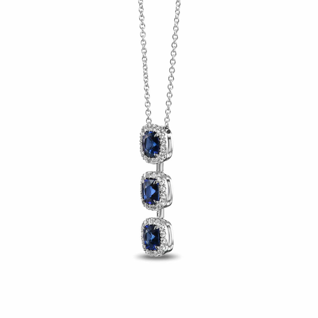 LEIBISH Blue Sapphire Cushion Three-Stone Diamond Halo Pendant Brand Necklace