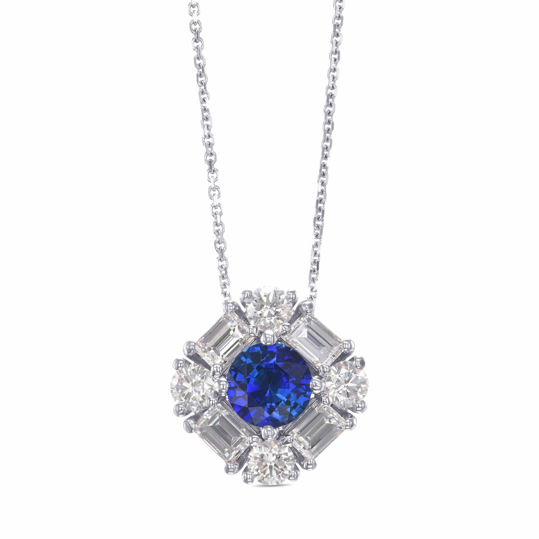 Round Blue Sapphire and  Baguette Diamond Halo Pendant Brand Necklace