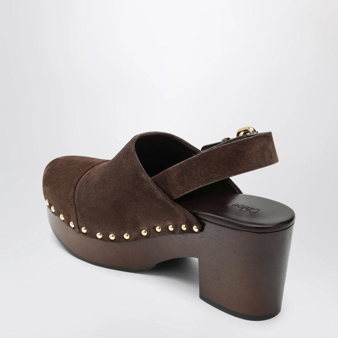 Chloé - Jeannette wedge clogs in suede calfskin, chocolate brown Brand Pants