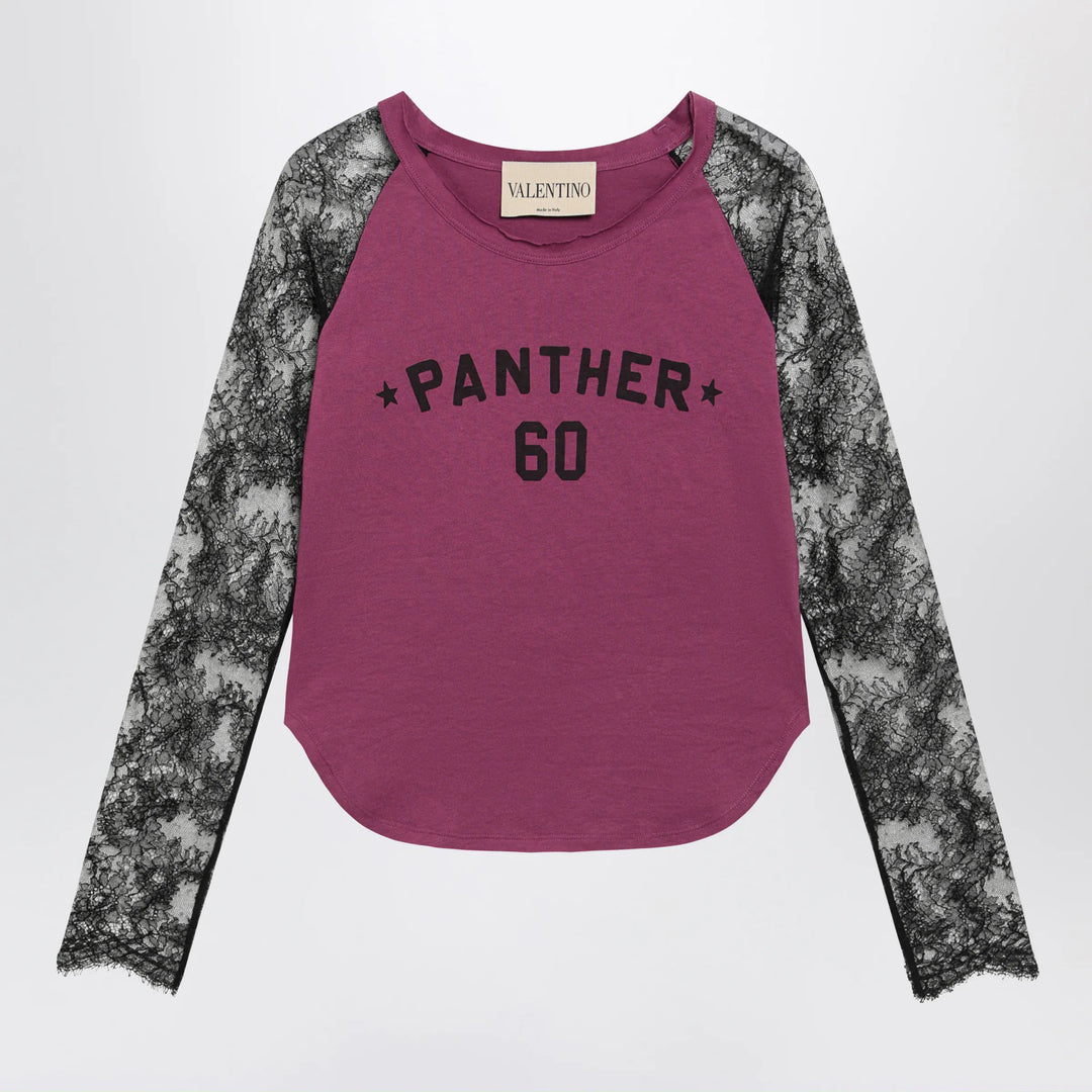 Valentino - Cyclamen Panther 60 T-shirt with black lace sleeves Brand Shirts &amp; Tops XS