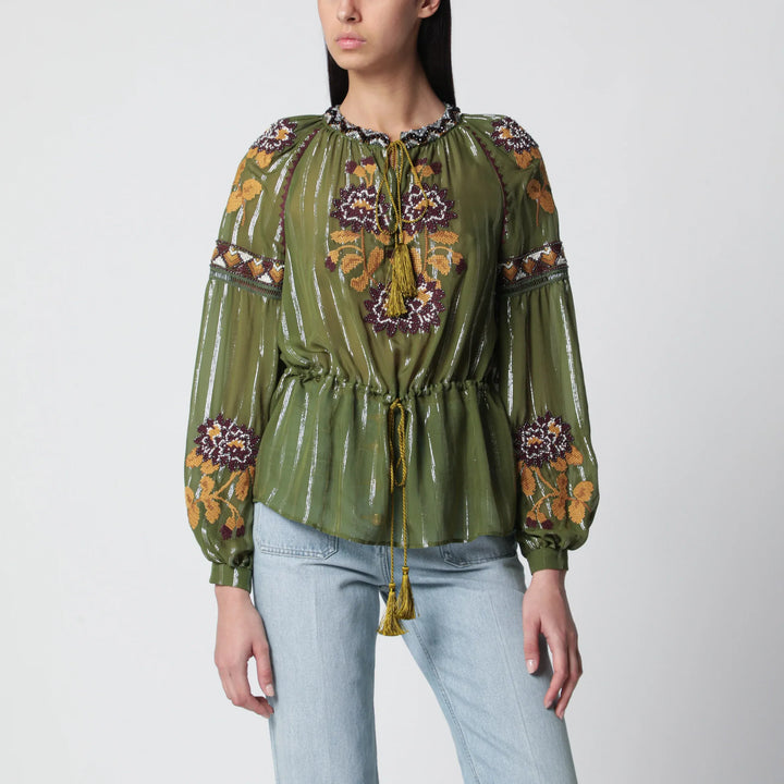 Valentino - Embroidered lurex silk shirt green camou Brand Shirts &amp; Tops 40  IT
