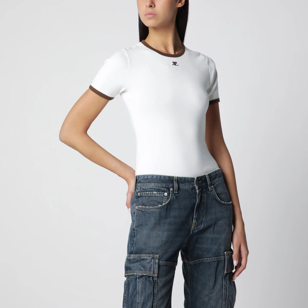 Courrèges - White/Brown cotton T-shirt with contrast crew neck Brand T-Shirt M