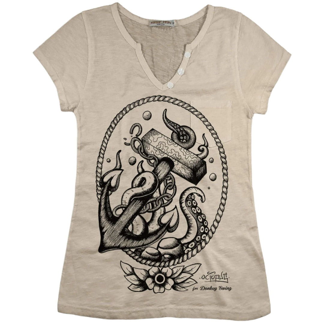 Vintabros T-shirt S / Sand Vintabros Octopus with Anchor Cotton Women T-shirt V Neck Brand