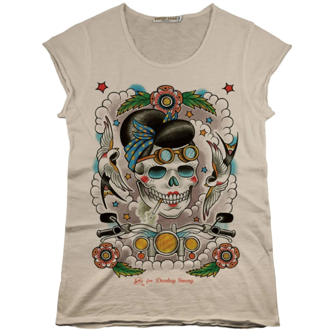 Vintabros T-shirt S / Sand Vintabros Skull with Swallows Cotton Women T-shirt Raw Cut Brand