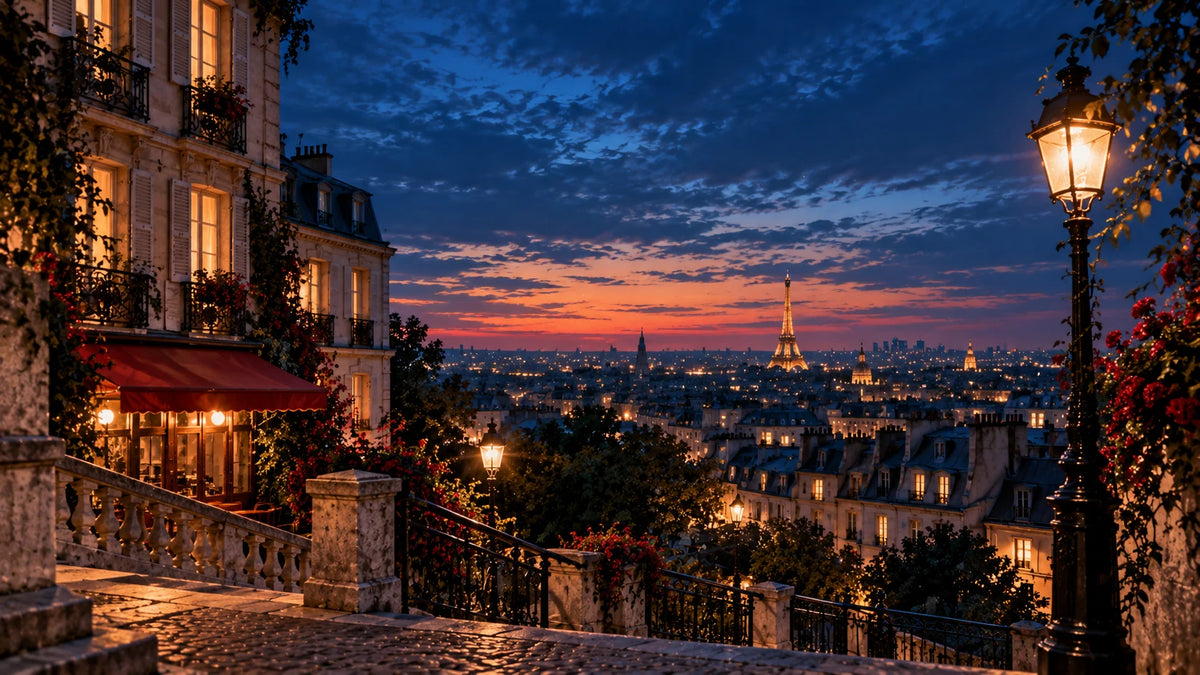 Italian Luxury Group independent fragrance editorial: romantic Paris rooftop at blue hour with flowering terrace and city lights, no brand campaign imagery