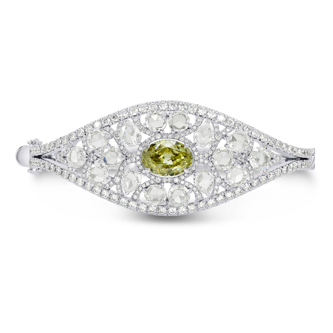 Extraordinary Grayish Greenish Yellow Oval &amp; Rose-cut Diamond Bangle
