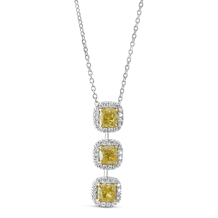 Leibish Fancy Intense Yellow Cushion 3 Stone Diamond Drop Halo Pendant