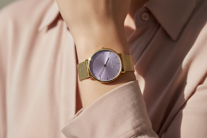 Nordgreen Native Lavender Gold Mesh Wrist Lifestyle v2