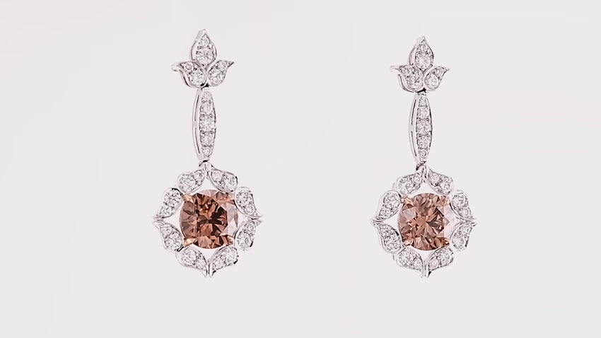 18K White and Rose Gold Fancy Brown Drop Halo Earrings