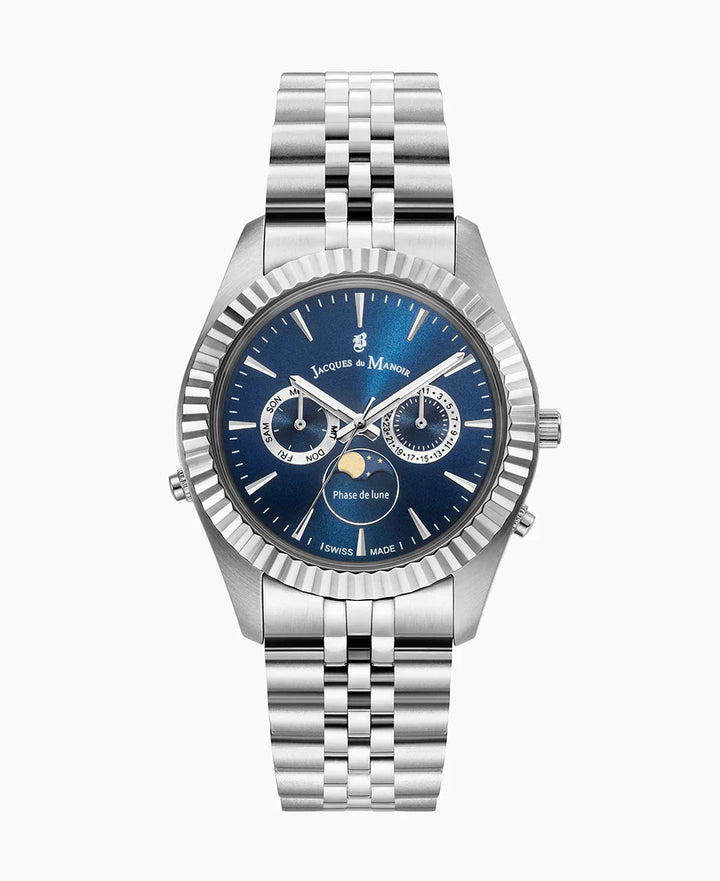 Jacques du Manoir Inspiration Moonphase 40mm Day-Date Men's Silver Blue Watch