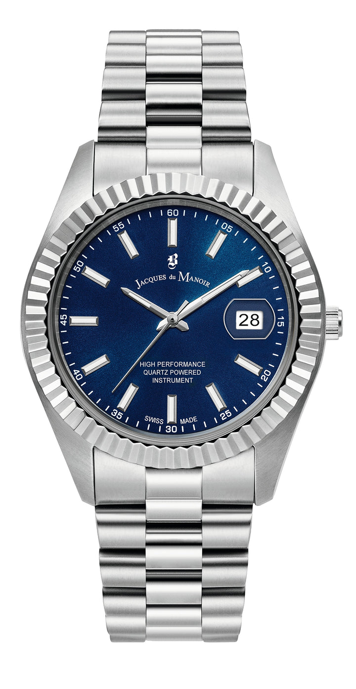 Jacques du Manoir Inspiration Business 40mm Date Silver Blue Men's Luxury Watch